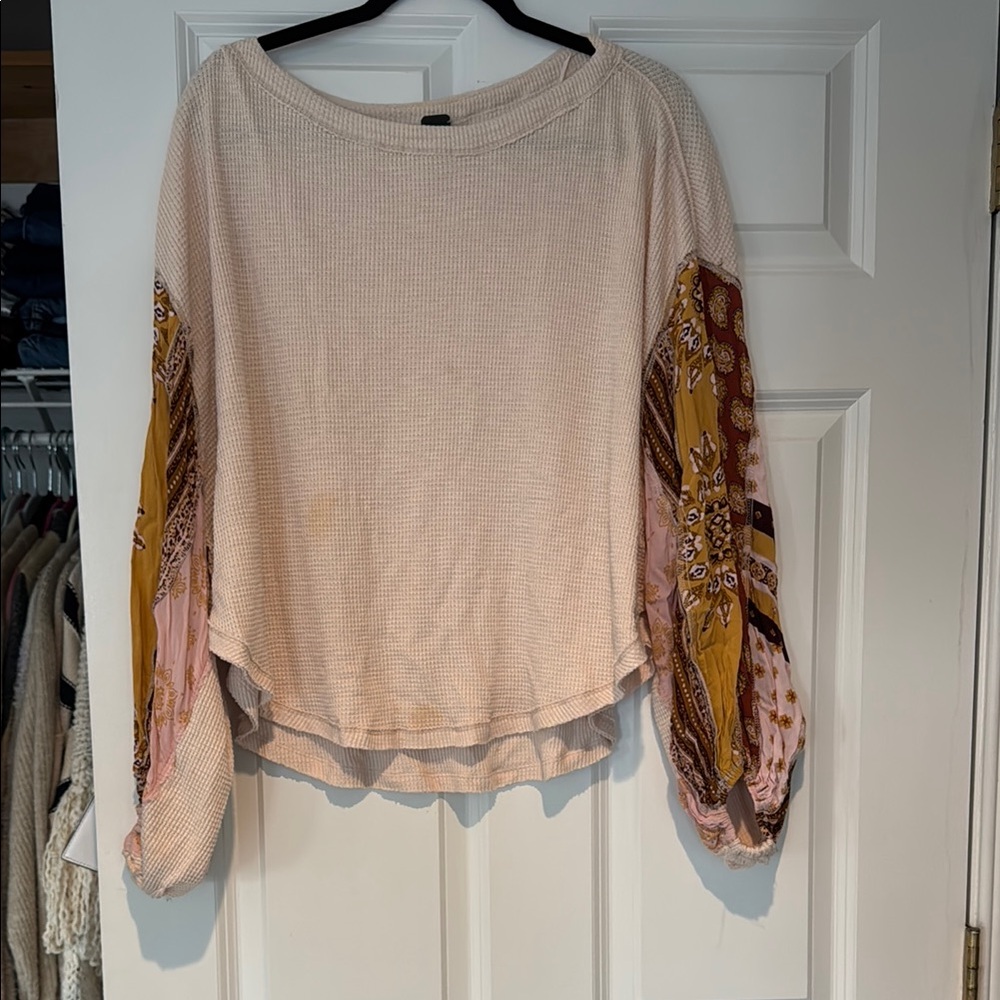 Women's Cream and Pink Top with Patterned Sleeves